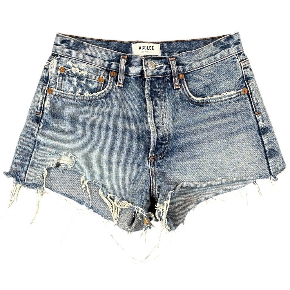 AGOLDE Denim Shorts Women 25 Light Blue Distressed Raw Hem High Rise Button Fly